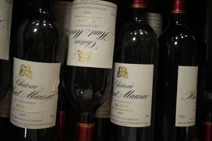 A case of twelve Chateau Haut-Maurac Medoc red wine, 1996. Condition - unknown storage
